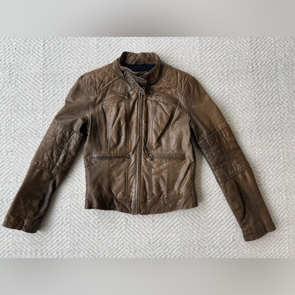 Blanc Noir Fitted and Lined Brown Leather Moto Jacket sz Small